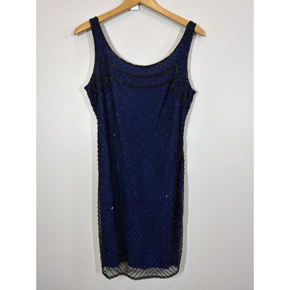 Lawrence Kazar Blue Beaded Mini Dress Size XL Sleeveless V Neck Holiday Party